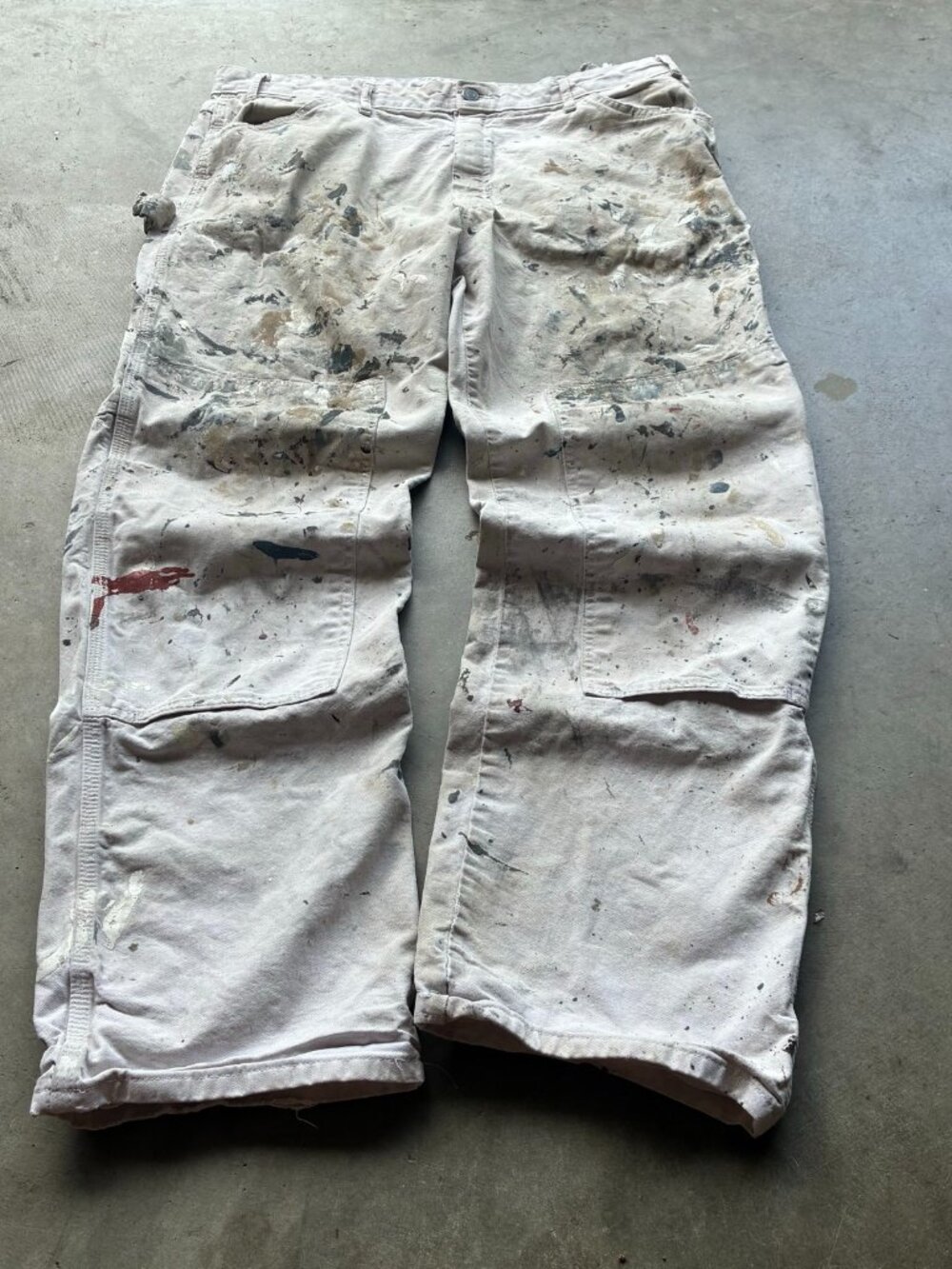 Dickies Double Knee Painter Pants Cream White Thrashed Splatter Torn Loop 36W